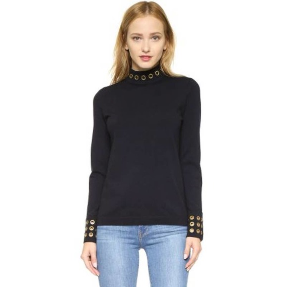 Tory Burch Navy Blue Small S Grommet Turtleneck Sweater Merino Wool Thick Knit - Picture 10 of 11